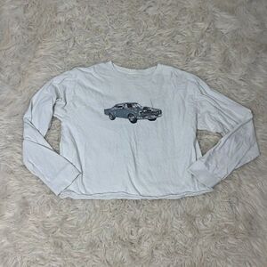 Brandy Melville Womens White Long Sleeve Corey Motor Show 1984 Crop Top Crewneck